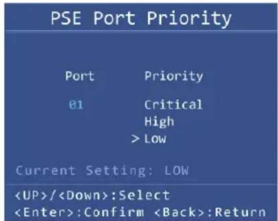 PSE Port Priority Port Priority 01 Critical High > Low Current Setting: LOW /:Select :Confirm :Return