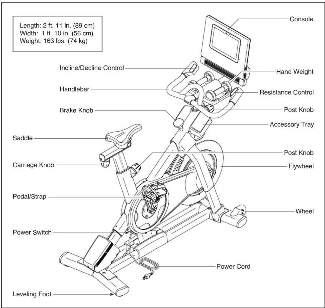 Length: 2 ft. 11 in. (89 cm) Width: 1 ft. 10 in. (56 cm) Weight: 163 lbs. (74 kg) Console Incline/Decline Control Handlebar Brake Knob Saddle Carriage Knob Pedal/Strap Power Switch Leveling Foot Hand Weight Resistance Control Post Knob Accessory Tray Post Knob Flywheel Wheel Power Cord