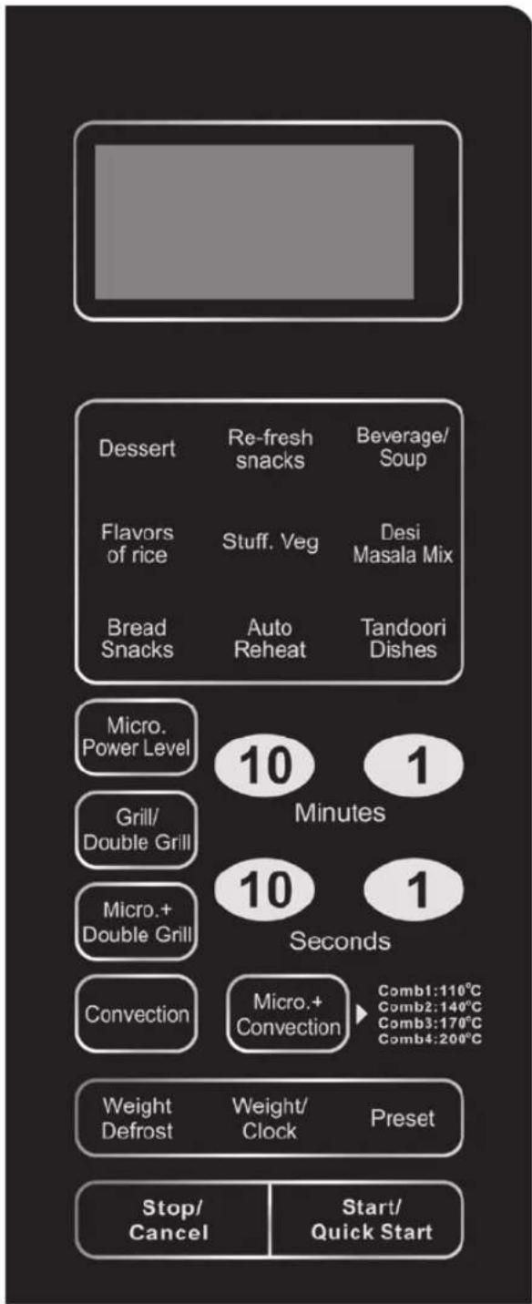 Dessert Re-fresh snacks Beverage/ Soup Flavors of rice Stuff. Veg Desi Masala Mix Bread Snacks Auto Reheat Tandoori Dishes Micro. Power Level 10 1 Grill/ Double Grill Minutes 10 1 Micro.+ Double Grill Seconds Convection Micro.+ Convection Comb1:110°C Comb2:140°C Comb3:170°C Comb4:200°C Weight Defrost Weight/ Clock Preset Stop/ Cancel Start/ Quick Start