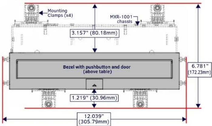 Mounting Clamps (x4) MXR-1001 chassis 3.157" (80.18mm) Bezel with pushbutton and door (above table) 6.781" (172.23mm) 1.219" (30.96mm) 12.039" (305.79mm)