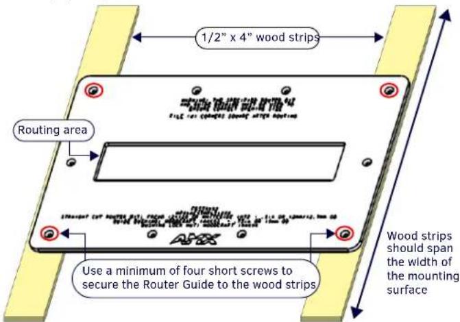 1/2" x 4" wood strips Routing area Use a minimum of four short screws to secure the Router Guide to the wood strips Wood strips should span the width of the mounting surface