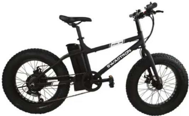 Black and white photo of a Swastron bicycle with visible front wheel, rear wheels, and battery (no text or symbols beyond branding)