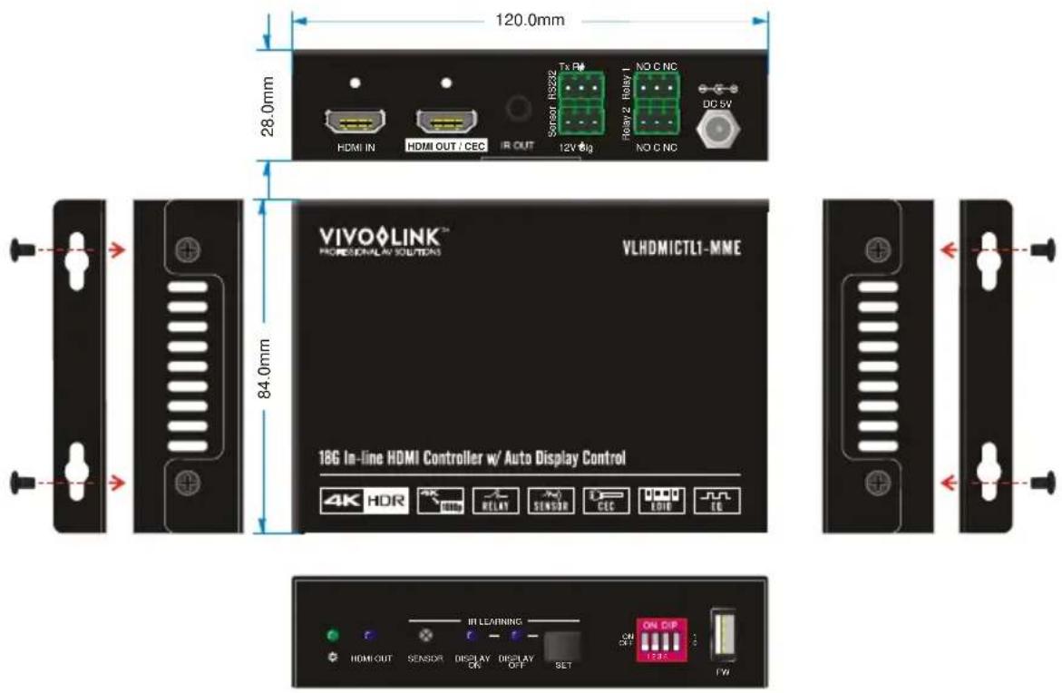 120.0mm 28.0mm HDMI IN HDMI OUT / CEC IR OUT Tx R# Soroor H3322 12V Big Hoay 2 Hotay 1 NO C NC DO 5V VIVO LINK® PROFESSIONAL AV SOLUTIONS VLHDMICTL1-MME 18G In-Line HDMI Controller w/ Auto Display Control 4K HDR HDMI RELAY SENSOR CEC EUIR CE IN LEAMING ON CIP HDMI OUT SENSOR DISPLAY OK DISPLAY OUT S…