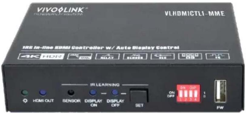 VIVO∅LINK® VLHDMICTL1-MME IRE In-line HDMI Controller w/ Auto Display Control 4K HDR HDMI OUT SENSOR DISPLAY ON DISPLAY OFF SET IR LEARNING ON OFF ON OFF 1 2 3 4 1 5 FW