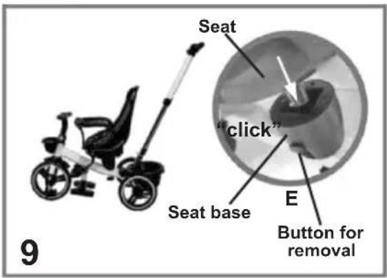 Seat "click" Seat base E Button for removal 9