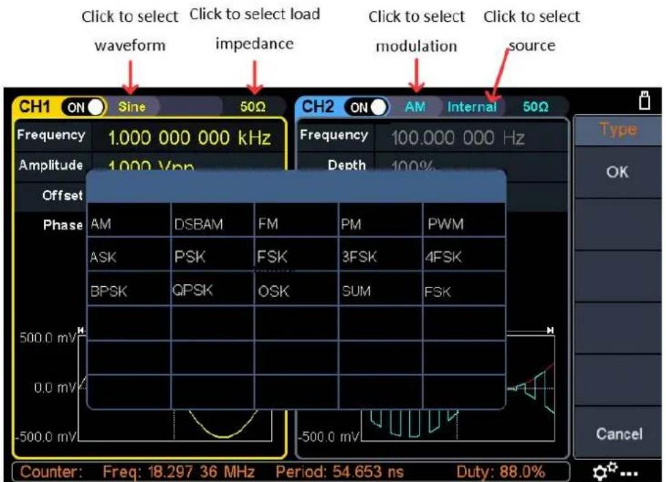 Click to select waveform Click to select load impedance Click to select modulation Click to select source CH1 ON Sine 50Ω CH2 ON AM Internal 50Ω Frequency 1.000 000 000 kHz Frequency 100.000 000 Hz Amplitude 1.000 Vpp Depth 100% Offset Phase AM DSBAM FM PM PWM ASK PSK FSK 3FSK 4FSK BPSK QPSK OSK SUM FSK 500.0 mV 0.0 mV -500.0 mV -500.0 mV Counter: Freq: 18.297 36 MHz Period: 54 653 ns Duty: 88.0% Type OK Cancel