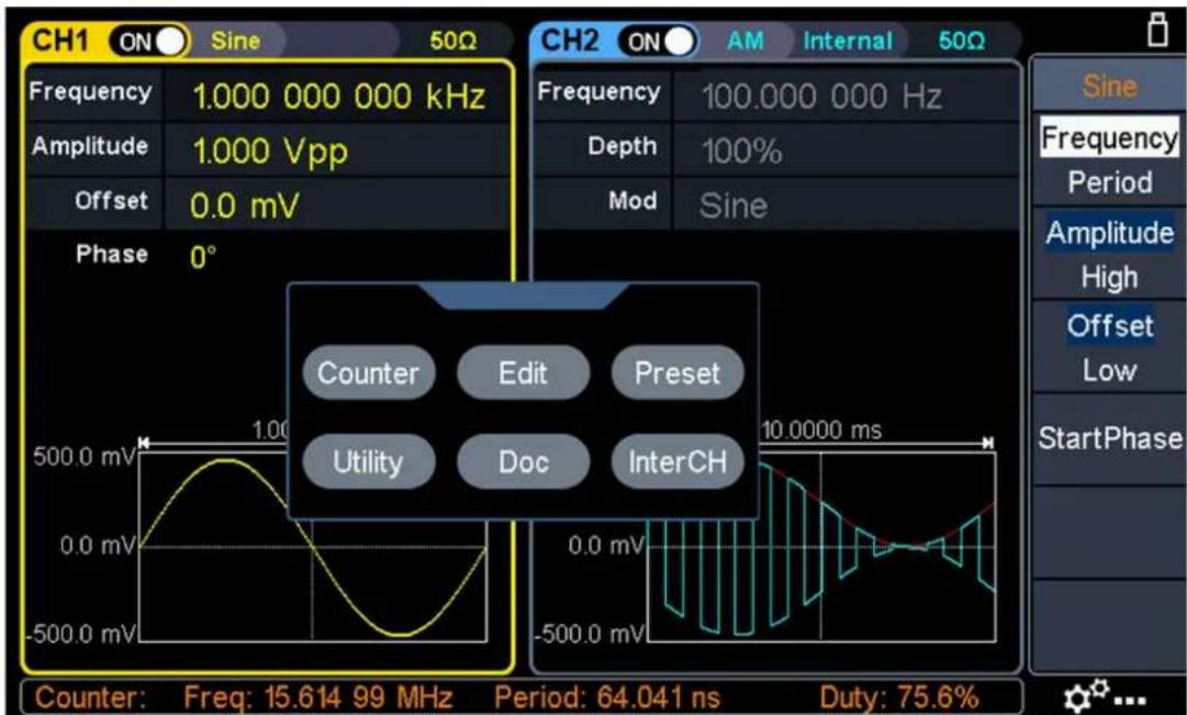 CH1 ON Sine 50Ω Frequency 1.000 000 000 kHz Amplitude 1.000 Vpp Offset 0.0 mV Phase 0° CH2 ON AM Internal 50Ω Frequency 100.000 000 Hz Depth 100% Mod Sine Counter Edit Preset Utility Doc InterCH 10.0000 ms Counter: Freq: 15.614 99 MHz Period: 64.041 ns Duty: 75.6%