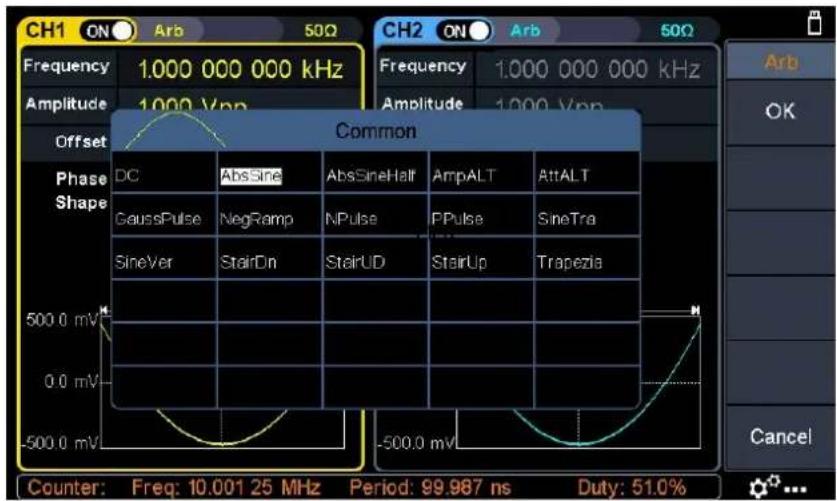 CH1 ON Arb 50Ω CH2 ON Arb 50Ω Frequency 1.000 000 000 kHz Frequency 1.000 000 000 kHz Amplitude 1.000 Vpp Amplitude 1.000 Vpp Offset Common Phase Shape DC AbsSine AbsSineHalf AmpALT AttALT GaussPulse NegRamp NPulse PPulse SineTra SineVer StairDn StairUD StairUp Trapezia 500.0 mV 0.0 mV -500.0 mV Counter: Freq: 10.001 25 MHz Period: 99.987 ns Duty: 51.0%