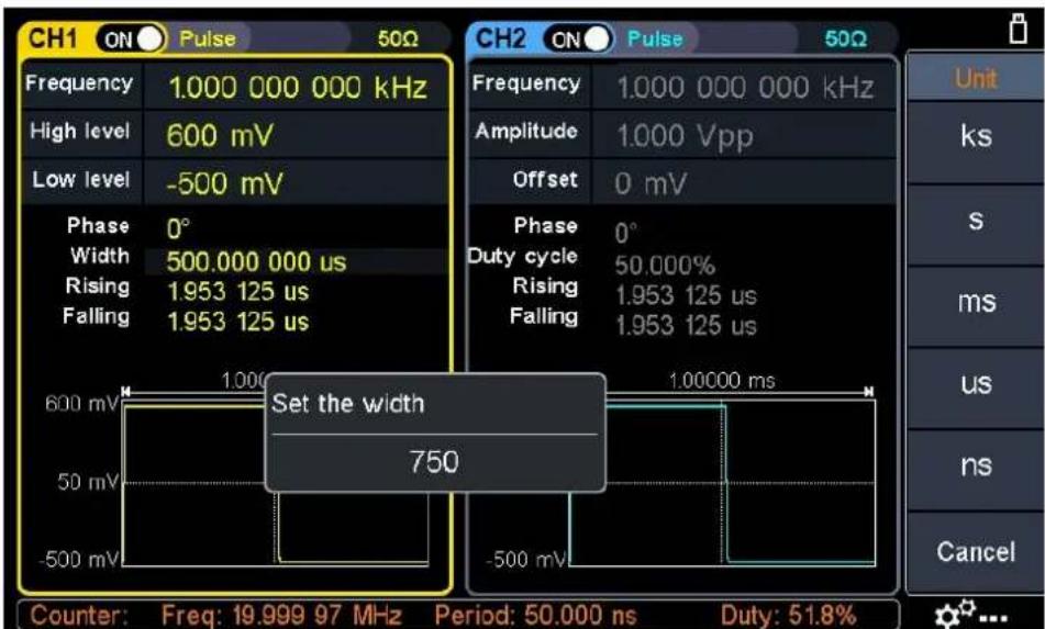 CH1 ON Pulse 50Ω Frequency 1.000 000 000 kHz High level 600 mV Low level -500 mV Phase 0° Width 500.000 000 us Rising 1.953 125 us Falling 1.953 125 us Set the width 750 -500 mV CH2 ON Pulse 50Ω Frequency 1.000 000 000 kHz Amplitude 1.000 Vpp Offset 0 mV Phase 0° Duty cycle 50.000% Rising 1.953 125 us Falling 1.953 125 us 1.0000 ms Counter: Freq: 19.999 97 MHz Period: 50.000 ns Duty: 51.8% Unit ks s ms us ns Cancel