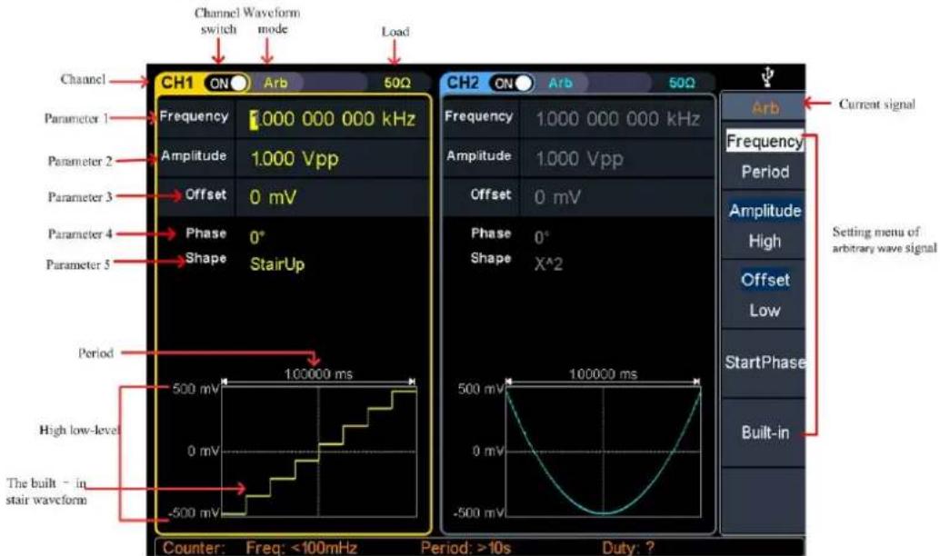 Channel Waveform switch mode Load Channel CH1 ON Arb 50Ω Channel Parameter 1 Frequency 1,000 000 000 kHz Parameter 2 Amplitude 1,000 Vpp Parameter 3 Offset 0 mV Parameter 4 Phase 0° Parameter 5 Shape StairUp Period High low-level The built - in stair waveform Counter: Freq: <100mHz Period: >10s Duty: ? Current signal Frequency 1,000 000 000 kHz Amplitude 1,000 Vpp Offset 0 mV Phase 0° Shape X^2 500 mV 100000 ms 500 mV 100000 ms -500 mV -500 mV -500 mV -500 mV -500 mV -500 mV -500 mV -500 mV -500 mV -500 mV -500 mV -500 mV -500 mV -500 mV -500 mV -500 mV -500 mV -500mV Current signal Frequency Period Amplitude High Offset Low StartPhase Built-in