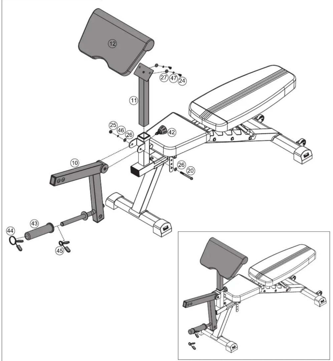 Technical diagram of a gym machine with numbered components and exploded view