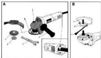 Technical diagram showing exploded and assembled views of a mechanical power tool with labeled parts A and B