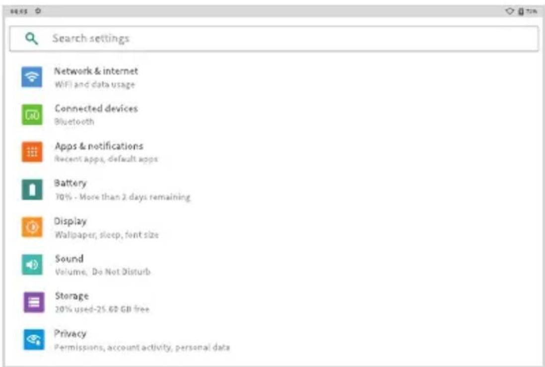 Search settings Network & internet WiFi and data usage Connected devices Bluetooth Apps & notifications Recent apps, default apps Battery 70% - More than 2 days remaining Display Wallpaper, sleep, font size Sound Volume, Do Not Disturb Storage 20% used-25.60 GB free Privacy Permissions, account activity, personal data