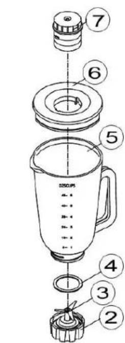Labeled diagram of a blender with numbered parts for assembly or cleaning instructions