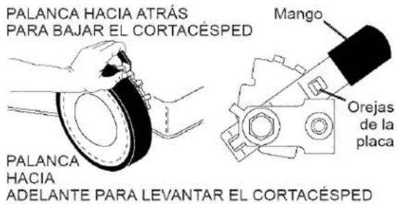 PALANCA HACIA ATRÁS PARA BAJAR EL CORTACÉSPED Mango Orejas de la placa PALANCA HACIA ADELANTE PARA LEVANTAR EL CORTACÉSPED