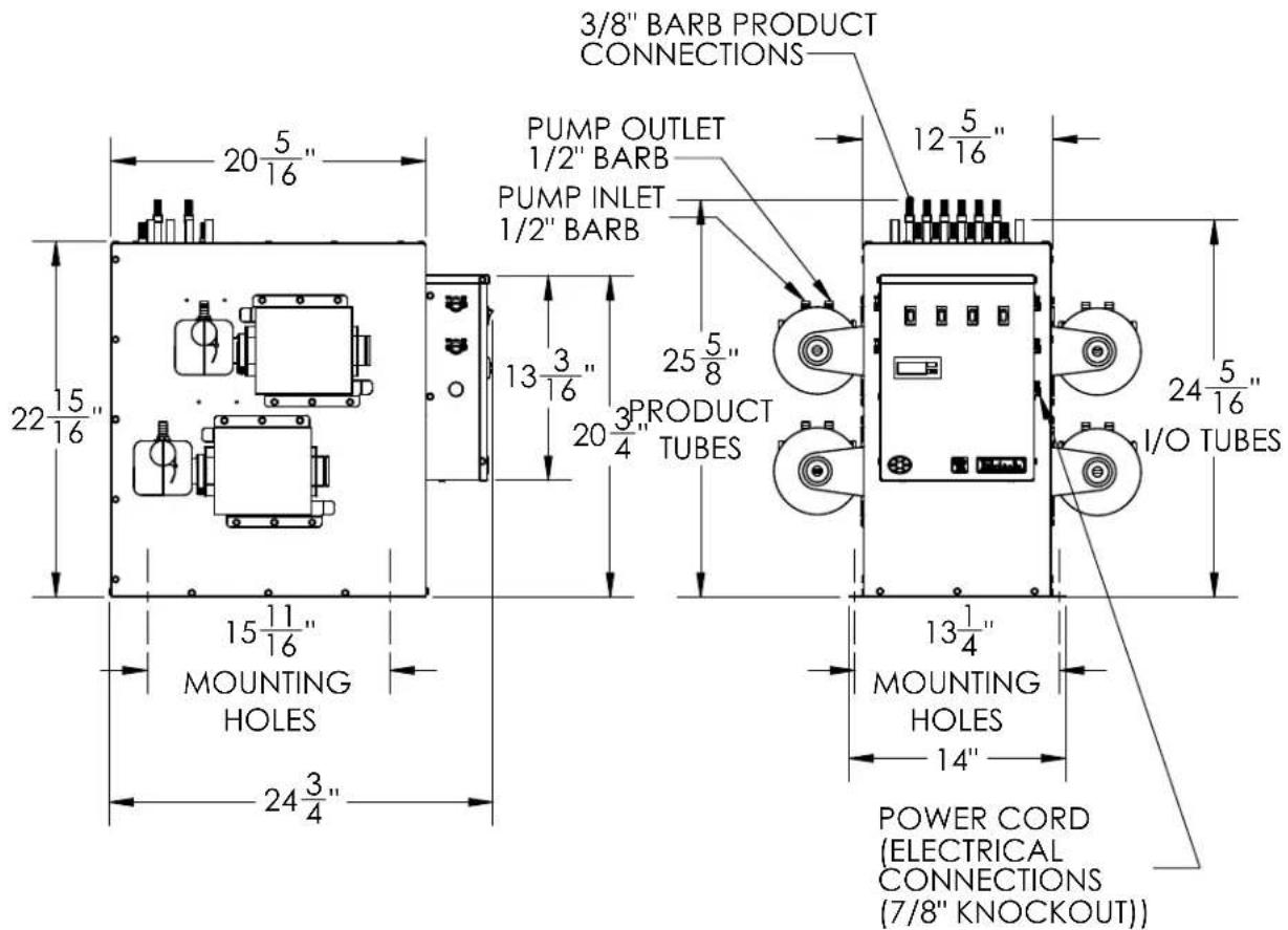 3/8" BARB PRODUCT CONNECTIONS PUMP OUTLET 1/2" BARB PUMP INLET 1/2" BARB 12 5/16" 20 5/16" 22 15/16" 13 3/16" 20 3/4" PRODUCT TUBES 25 5/8" 24 5/16" I/O TUBES 15 11/16" MOUNTING HOLES 24 3/4" 13 1/4" MOUNTING HOLES 14" POWER CORD (ELECTRICAL CONNECTIONS (7/8" KNOCKOUT)