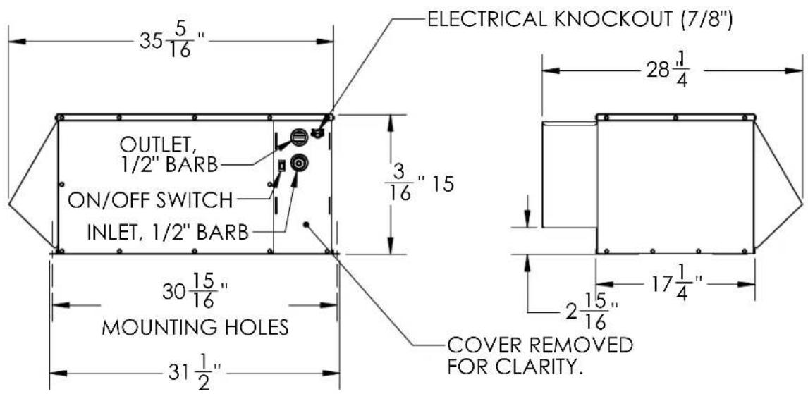 35 5/16" ELECTRICAL KNOCKOUT (7/8") 28 1/4 OUTLET, 1/2" BARB ON/OFF SWITCH INLET, 1/2" BARB 30 15/16" MOUNTING HOLES 31 1/2" 3 16" 15 2 15/16" COVER REMOVED FOR CLARITY.