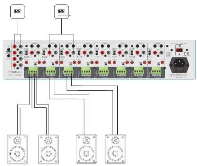 Electrical wiring diagram showing connections between multiple audio equipment modules and four speakers