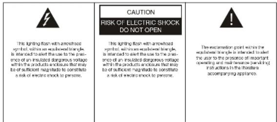 This lighting flash with antenna symbol, within an enclosed triangle, is intended to alert the use to the presence of an insulated dangerous voltage within the products enclosure that may be of sufficient magnitude to constitute a risk of electric shock to persons. CAUTION RISK OF ELECTRIC SHOCK DO NOT OPEN This lighting flash with antenna symbol, within an enclosed triangle, is intended to alert the use to the presence of an insulated dangerous voltage within the products enclosure that may be of sufficient magnitude to constitute a risk of electric shock to persons. The examination point within the antenna triangle is intended to alert the user to the presence of important operating and maintenance parking instructions in the literature accompanying appliance.