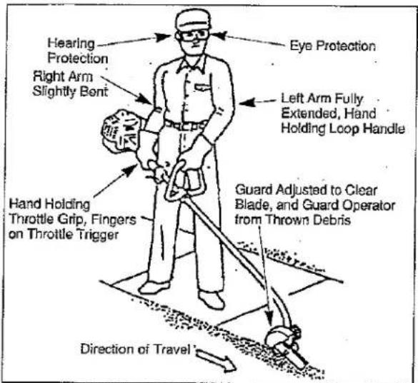 Hearing Protection Right Arm Slightly Bent Hand Holding Throttle Grip, Fingers on Throttle Trigger Eye Protection Left Arm Fully Extended, Hand Holding Loop Handle Guard Adjusted to Clear Blade, and Guard Operator from Thrown Debris Direction of Travel