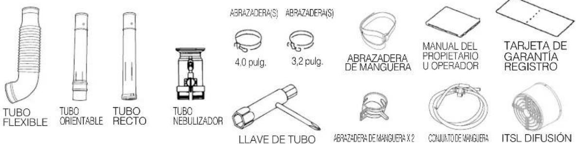TUBO FLEXIBLE TUBO ORIENTABLE TUBO RECTO TUBO NEBULIZADOR ABRAZADERA(S) 4,0 pulg. 3,2 pulg. ABRAZADERA(S) ABRAZADERA DE MANGUERA MANUAL DEL PROPIETARIO U OPERADOR TARJETA DE GARANTÍA REGISTRO LLAVE DE TUBO ABRAZADERA DE MANGUERA X 2 CONJUATO DE MANGUERA ITSL DIFUSIÓN