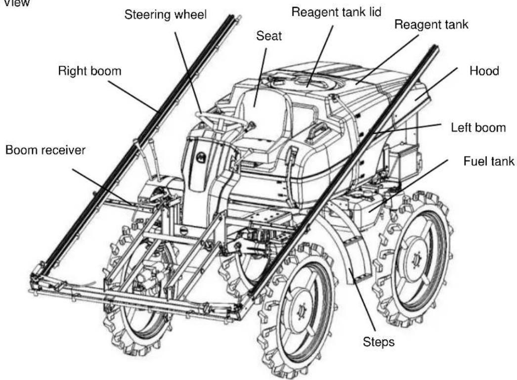 Steering wheel Reagent tank lid Seat Reagent tank Right boom Boom receiver Hood Left boom Fuel tank Steps