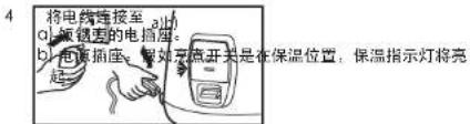 将电线连接至 a,b a) 电饭盒的电插座; b) 电源插座,假如充电开关是在保温位置,保温指示灯将亮