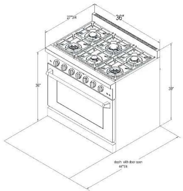 27"3/4 36" 36" 39" depth with door open 44"1/4