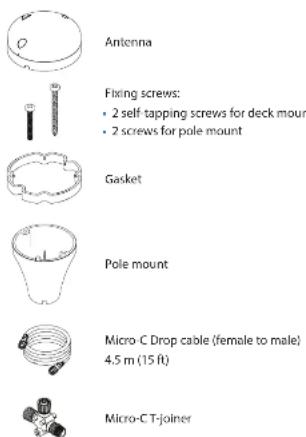 Antenna Fixing screws: • 2 self tapping screws for deck mount • 2 screws for pole mount Gasket Pole mount Micro-C Drop cable (female to male) 4.5 m (15 ft) Micro-C T-joiner