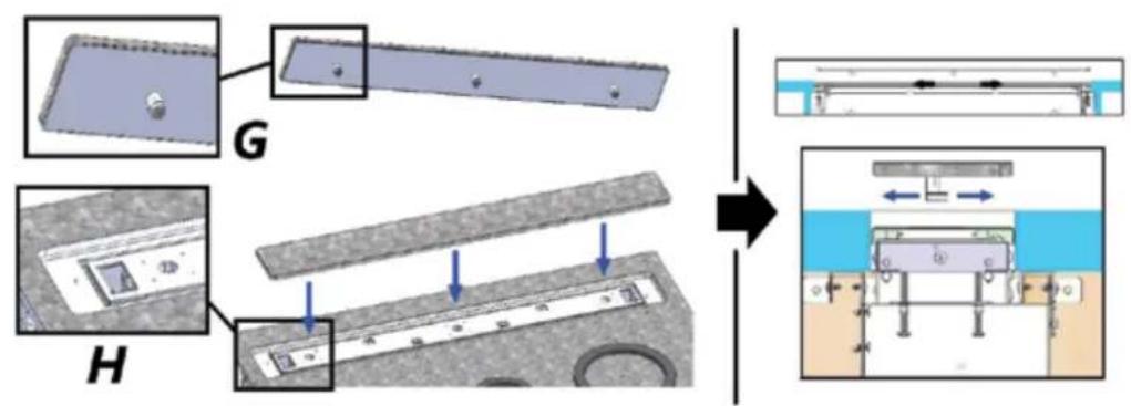 Technical diagram illustrating a mechanical assembly process with labeled components G and H, showing step-by-step assembly and final assembly.