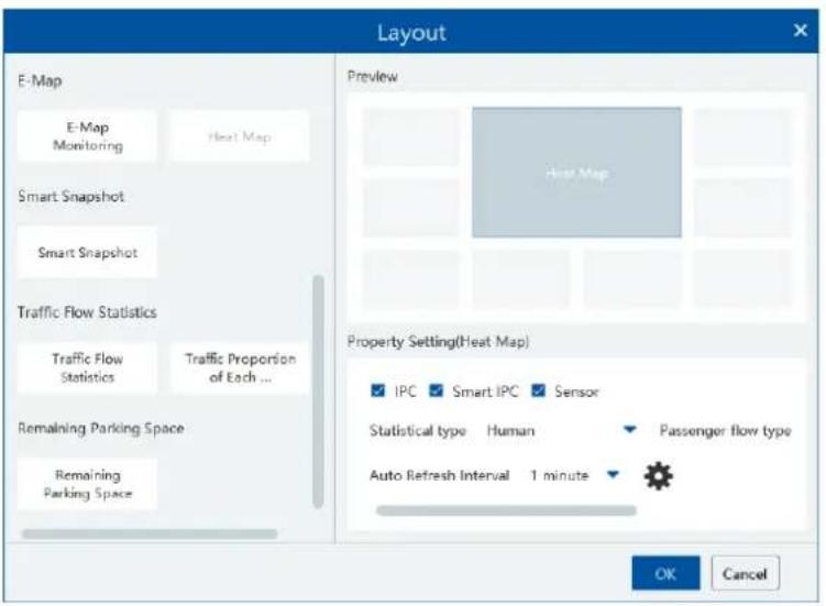 Layout E-Map E-Map Monitoring Heat Map Smart Snapshot Smart Snapshot Traffic Flow Statistics Traffic Flow Statistics Traffic Proportion of Each ... Remaining Parking Space Remaining Parking Space Preview Heat Map Property Setting(Heat Map) IPC Smart IPC Sensor Statistical type Human Passenger flow type Auto Refresh Interval 1 minute OK Cancel