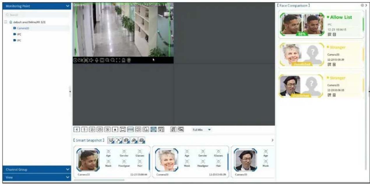 Monitoring Point default area(Online/All 3/3) Camera33 IPC IPC Channel Group View Optimize 12:20:7:30:31 03:10:04 Face Comparison > Allow List IPC 12-23 16:54:15 Stranger Camera33 12-23 03:08:39 Stranger Camera33 12-23 03:06:15 Full Win Smart Snapshot > Age Gender Glasses Mask Headgear Hair Camera33 12-23 03:08:44 Camera33 12-23 03:08:39 Camera33
