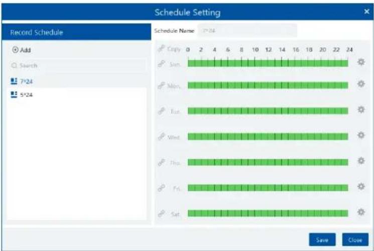 Schedule Setting Record Schedule Add Search 7/24 5/24 Schedule Name 17:24 Copy 0 2 4 6 8 10 12 14 16 18 20 22 24 Sun Mon. Tue. Wed. Thu. Fri. Sat. Save Close
