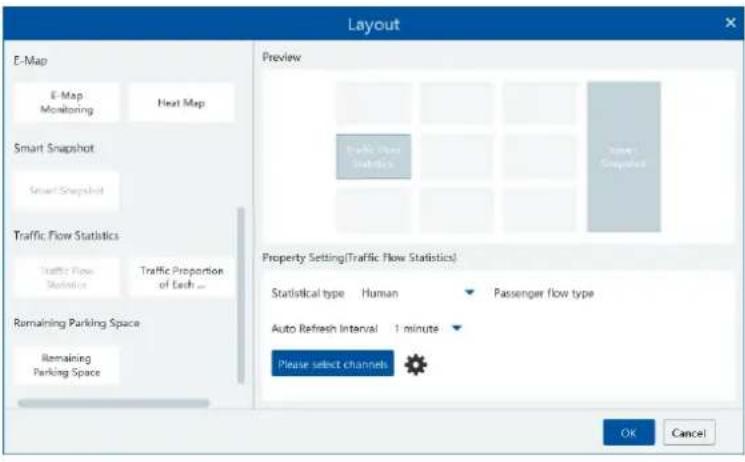 Layout E-Map E-Map Monitoring Heat Map Smart Snapshot Smart Snapshot Traffic Flow Statistics Traffic Flow Statistics Traffic Proportion of Each ... Remaining Parking Space Remaining Parking Space Preview Traffic Flow Statistics Transport Snapshot Property Setting(Traffic Flow Statistics) Statistical type Human Passenger flow type Auto Refresh Interval 1 minute Please select channels OK Cancel