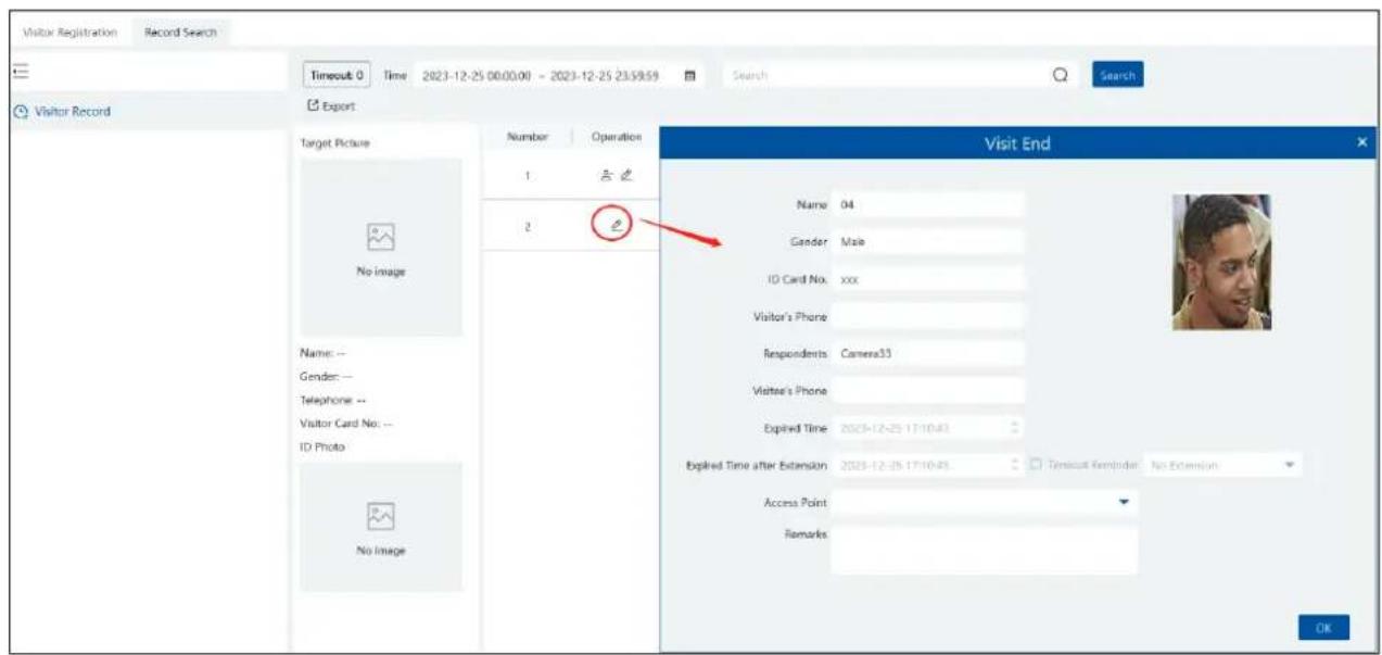 Visitor Registration Record Search Timeout: 0 Time 2023-12-25 00:00:00 - 2023-12-25 23:59:59 Search Search Search Visitor Record Export Target Picture No image Name: -- Gender: -- Telephone: -- Visitor Card No: -- ID Photo No image Number Operation 1 2 Visit End Name 04 Gender Male ID Card No. xxx Visitor's Phone Respondents Camera33 Visiter's Phone Expired Time 2023-12-25 17:10:43 Expired Time after Extension 2023-12-25 17:10:43 Timeout Reminder No Extension Access Point Remarks OK