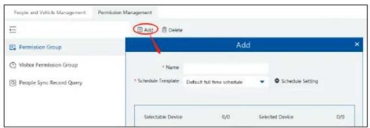 People and Vehicle Management Permission Management Add Delete Permission Group Add Visitor Permission Group Name Schedule Template Default full time schedule Schedule Setting People Sync Record Query Selectable Device 0/0 Selected Device 0/0