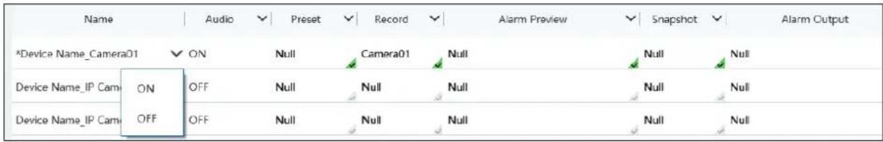 Name Audio Preset Record Alarm Preview Snapshot Alarm Output *Device Name_Camera01 ON Null Camera01 Null Null Null Device Name_IP Cam ON OFF Null Null Null Null Null Device Name_IP Cam OFF OFF Null Null Null Null Null