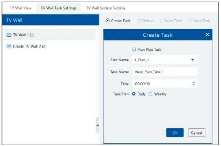 TV Wall View TV Wall Task Settings TV Wall System Setting TV Wall TV Wall 1 (1) Create TV Wall 2 (2) Create Task Run Plan Task Plan Name 1_Plan_1 Task Name Now_Plan_Task_1 Time 00:00:00 Task Plan Daily Weekly OK Cancel