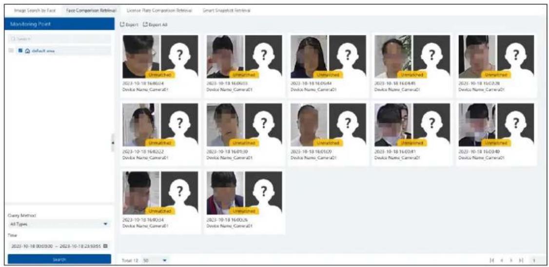 Image Search by Face Face Comparison Retrieval License Rate Comparison Retrieval Smart Snapshot Retrieval Monitoring Point Search default size Query Method All Types Time 2023-10-18 00:00:00 - 2023-10-18 23:59:55 Search Total 12 50