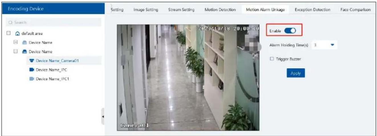 Encoding Device Setting Image Setting Stream Setting Motion Detection Motion Alarm Linkage Exception Detection Face Comparison default area Device Name Device Name Device Name_Camera01 Device Name_IPC Device Name_IPC1 2023/10/18 20:00:10 Enable Alarm Holding Time(s) 3 Trigger Buzzer Apply Camera01
