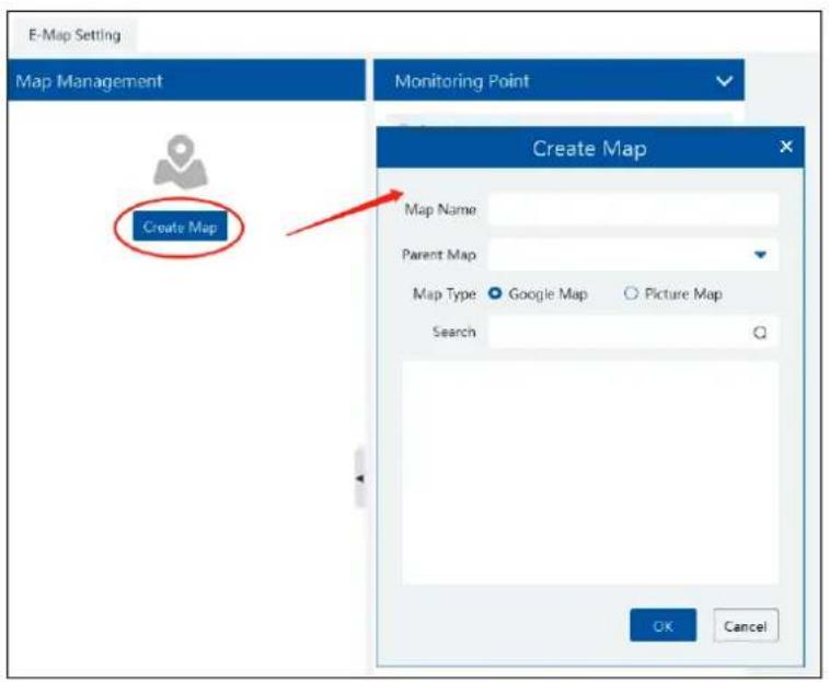 E-Map Setting Map Management Monitoring Point Create Map Map Name Parent Map Map Type ● Google Map ○ Picture Map Search OK Cancel