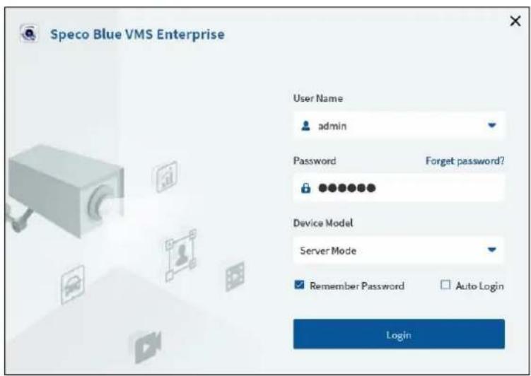Speco Blue VMS Enterprise User Name admin Password Forget password? Device Model Server Mode Remember Password Auto Login Login
