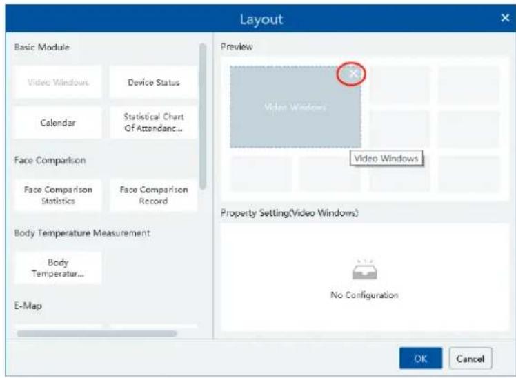 Layout Basic Module Video Windows Device Status Calendar Statistical Chart Of Attendance... Face Comparison Face Comparison Statistics Face Comparison Record Body Temperature Measurement Body Temperatur... E-Map Preview Video Windows Video Windows Property Setting(Video Windows) No Configuration OK Cancel