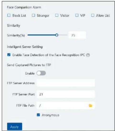 Face Comparison Alarm Block List Stranger Visitor VIP Allow List Similarity Similarity(%) 75 Intelligent Server Setting Enable Face Detection of the Face Recognition IPC ? Send Captured Pictures to FTP Enable FTP Server Address FTP Server Port 21 FTP File Path / Anonymous Apply