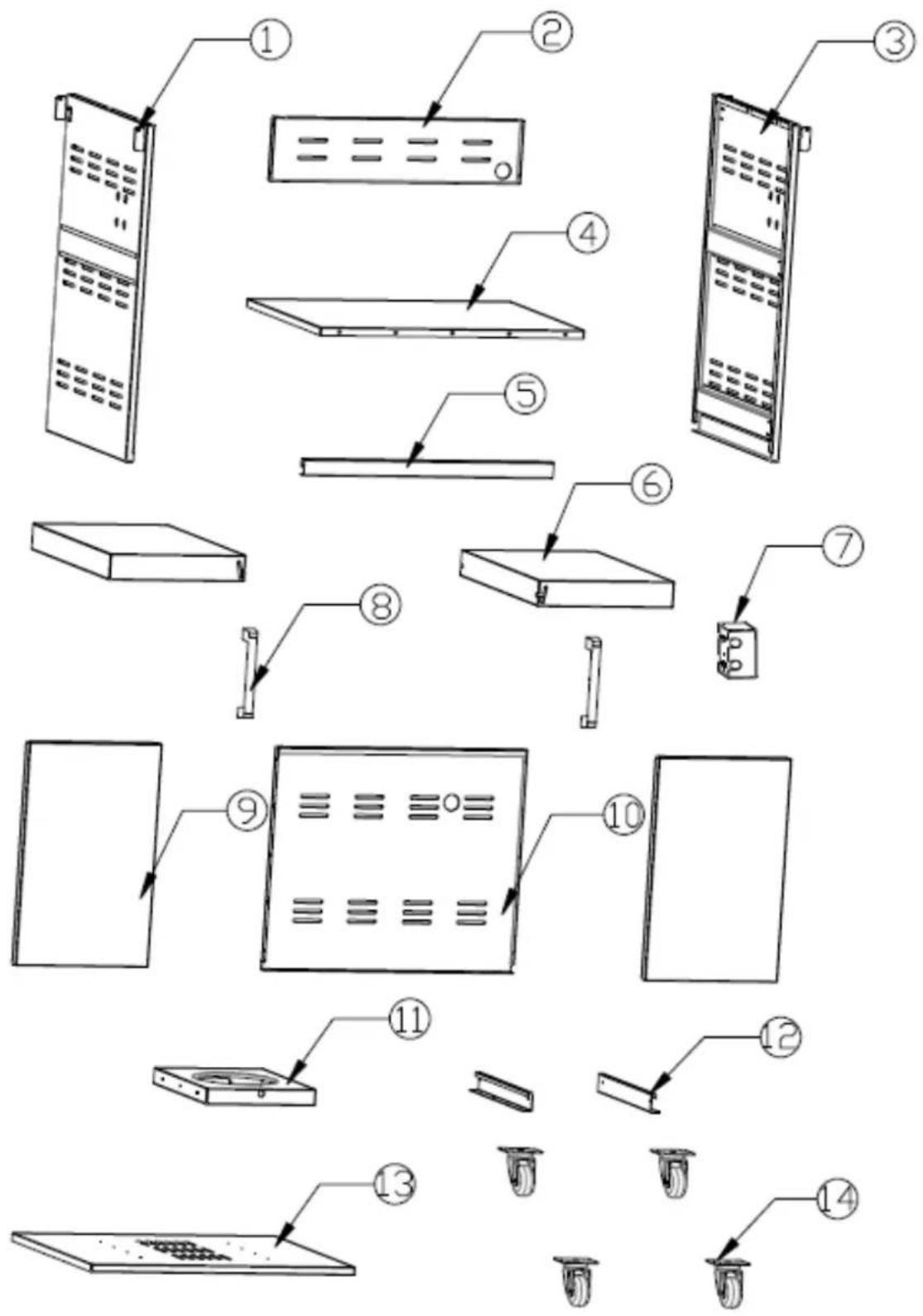 Exploded view diagram of a server rack with numbered components for assembly or maintenance
