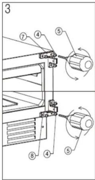 Technical diagram of a mechanical assembly with numbered components and rotational indicators