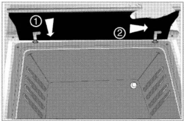 Diagram of a vehicle hood with labeled parts and directional arrows indicating movement or flow