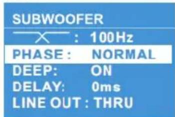 SUBWOOFER X : 100Hz PHASE : NORMAL DEEP: ON DELAY: 0ms LINE OUT : THRU