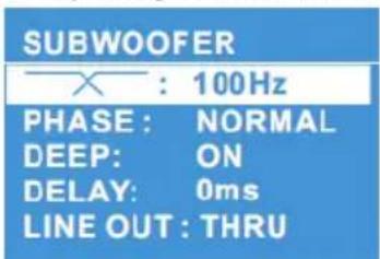 SUBWOOFER X : 100Hz PHASE : NORMAL DEEP: ON DELAY: 0ms LINE OUT : THRU
