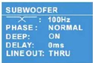 SUBWOOFER X : 100Hz PHASE : NORMAL DEEP: ON DELAY: 0ms LINE OUT: THRU